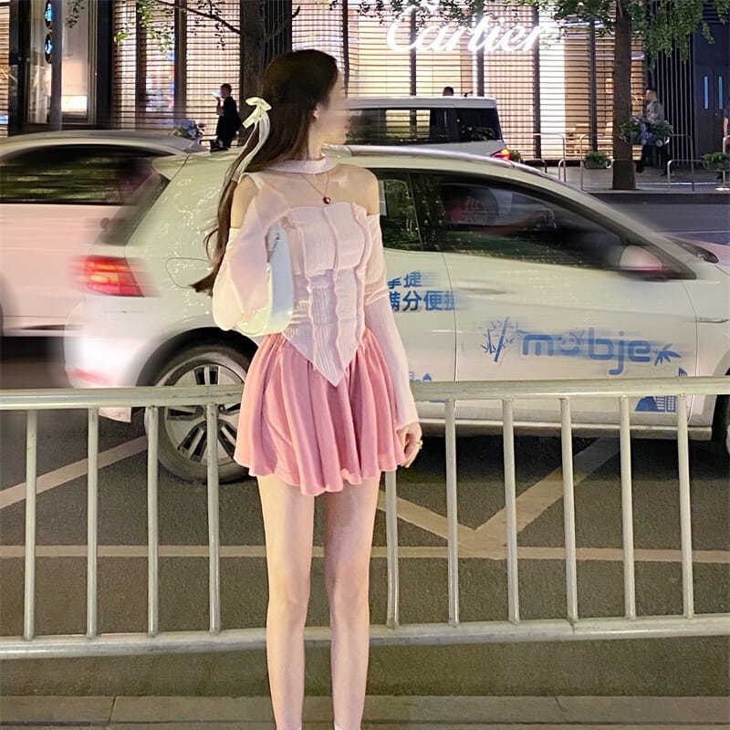 Suhao One-Piece/Jas Musim Panas Baru Niche Slim Seksi Lengan Panjang Halter T-shirt Atasan + Setengah Panjang Celana Pendek Rok Wanita