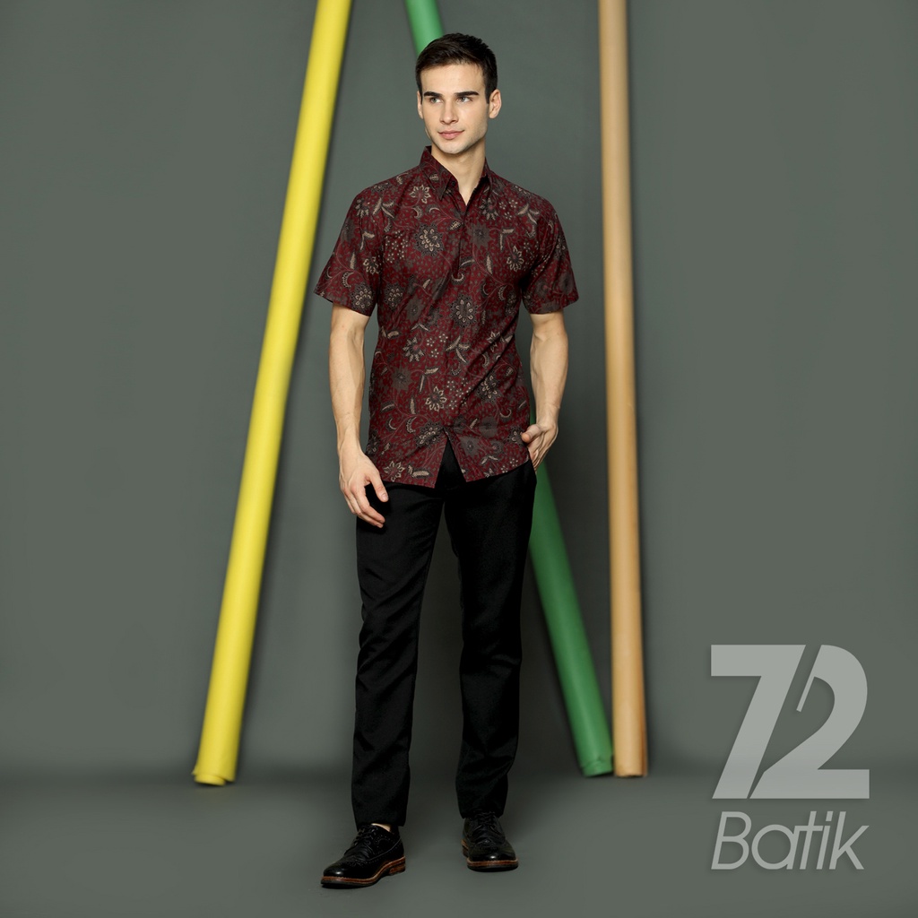 KEMEJA BATIK PRIA Lengan Pendek Premium Kembang Setaman Merah Maroon 722665 Cap 72 - Baju Kemeja Atasan Pakaian Setelan Batik Pria Cowok Laki Laki Remaja Keluarga Kantor Lengan Panjang Modern Slimfit Slim Fit Premium Kekinian