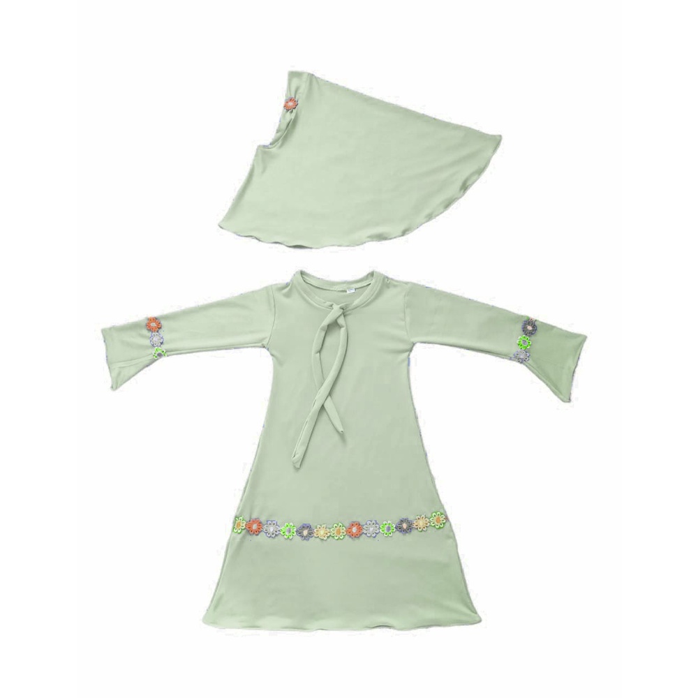 baju anak perempuan | gamis bayi perempuan | gamis anak perempuan | gamis syar'i renda melati pelangi lime