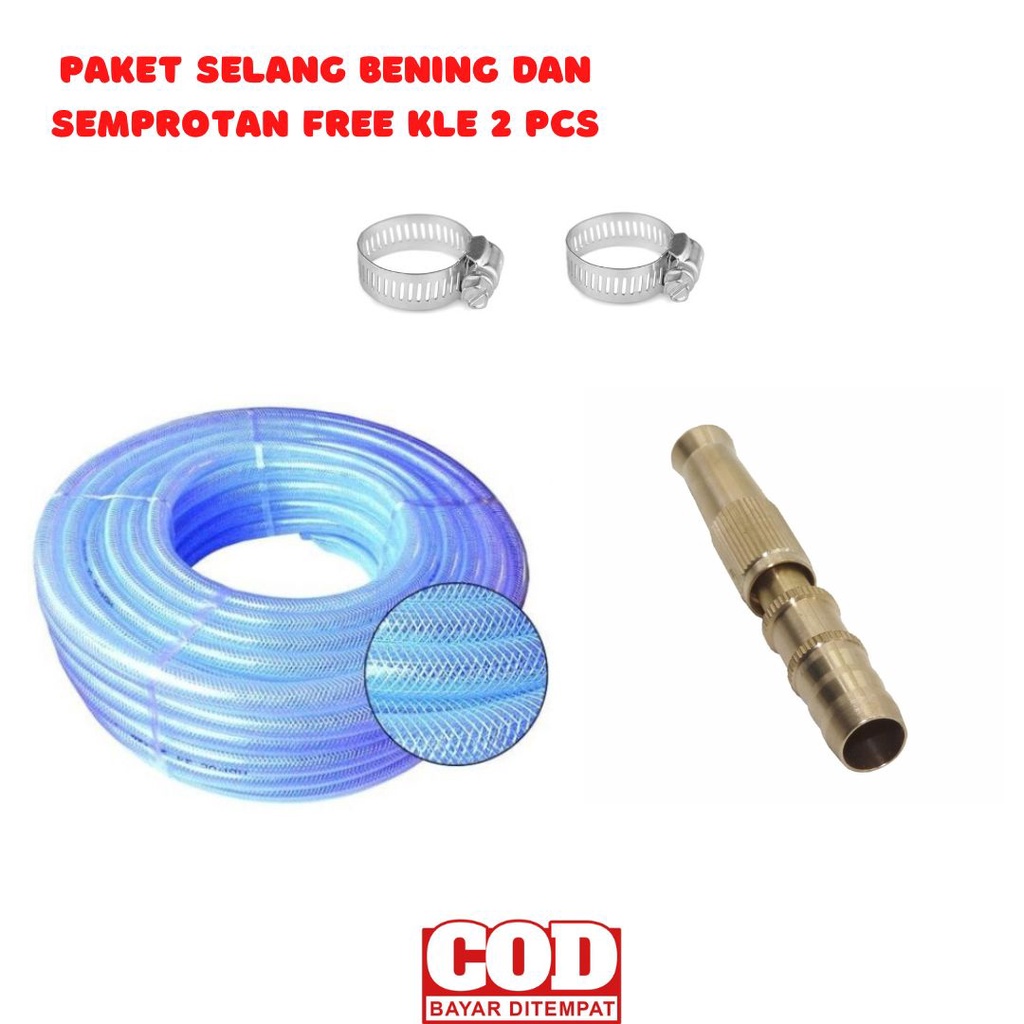 Set Selang Semprotan Lurus Kuningan + Selang Bening Serat Benang Ukuran 1/2 Inch