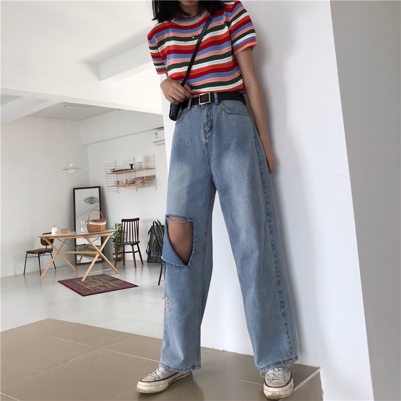 Korean Highwaist Sobek Celana Jeans Wanita Loose Murah Ukuran Jumbo