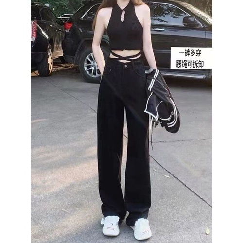 Suhao ukuran besar versi Korea dari perasaan musim gugur pinggang tinggi tali lurus celana panjang musim gugur high street longgar celana jeans lebar kaki hitam fashion wanita