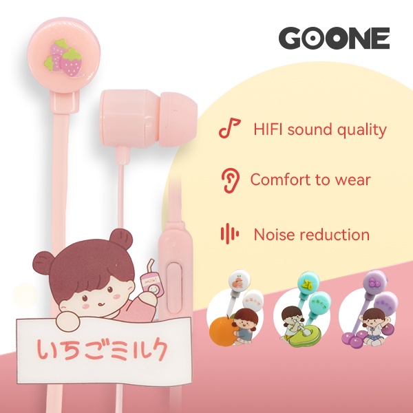 GOONE Earphone Maia Fruits Ear Earbuds Headset Awet Headset Universal iOS Android Karakter Lucu Alpukat Jeruk Strawberry Anggur