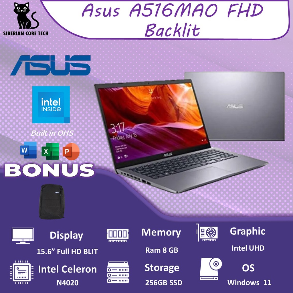 ASUS VIVOBOOK A416MAO N4020 8GB 256SSD W11+OHS 14.0FHD BLIT GARANSI 2 TAHUN