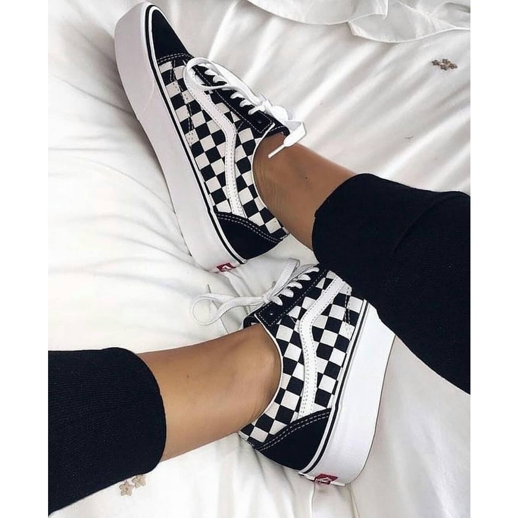 Vans Oldskool Checkerboard Motif catur kotak hitam putih Sekolah Kerja Kuliah Kado Hadiah Black White