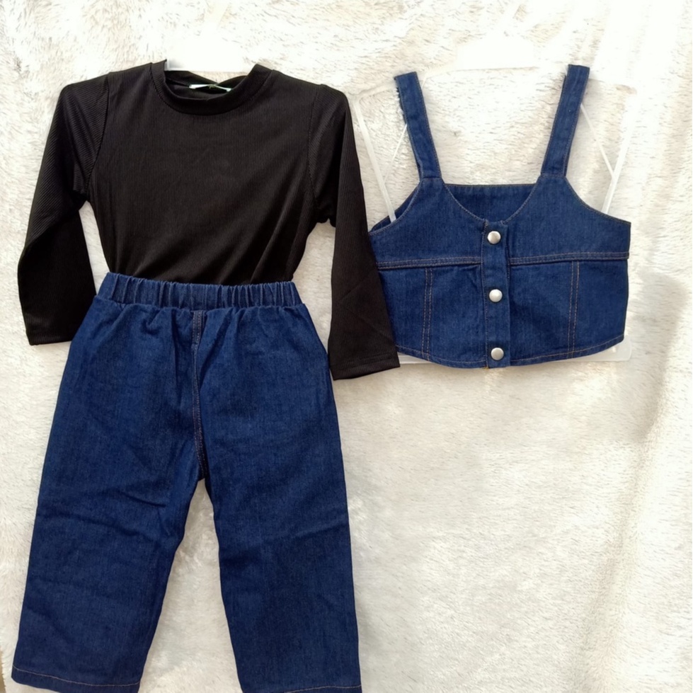 (LOLI-JKT) BS-337 3IN1 SETELAN ANAK INNER HTM ROMPI KULOT SIZE 100-140