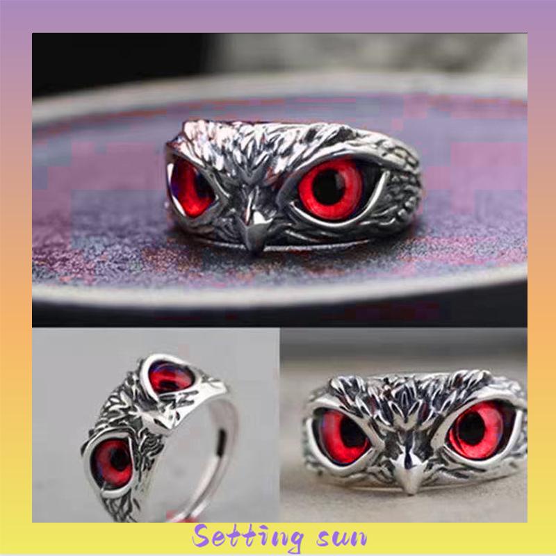 Kristal Vintage Style Burung Hantu Cincin Perak 925 Pria Wanita Punk Crystal Rings Adjustable Size TN