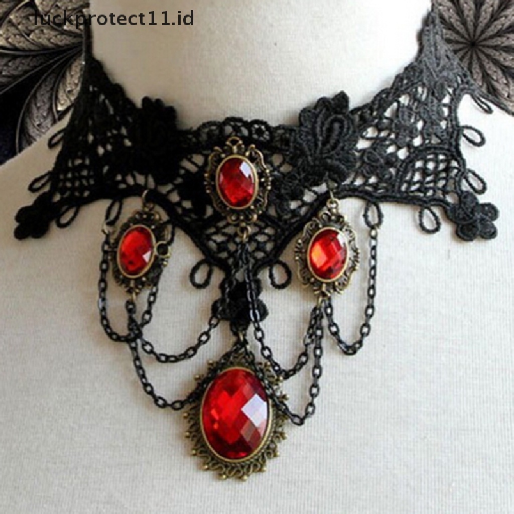 Kalung Choker Lace Hitam Aksen Kristal Merah Untuk Wanita