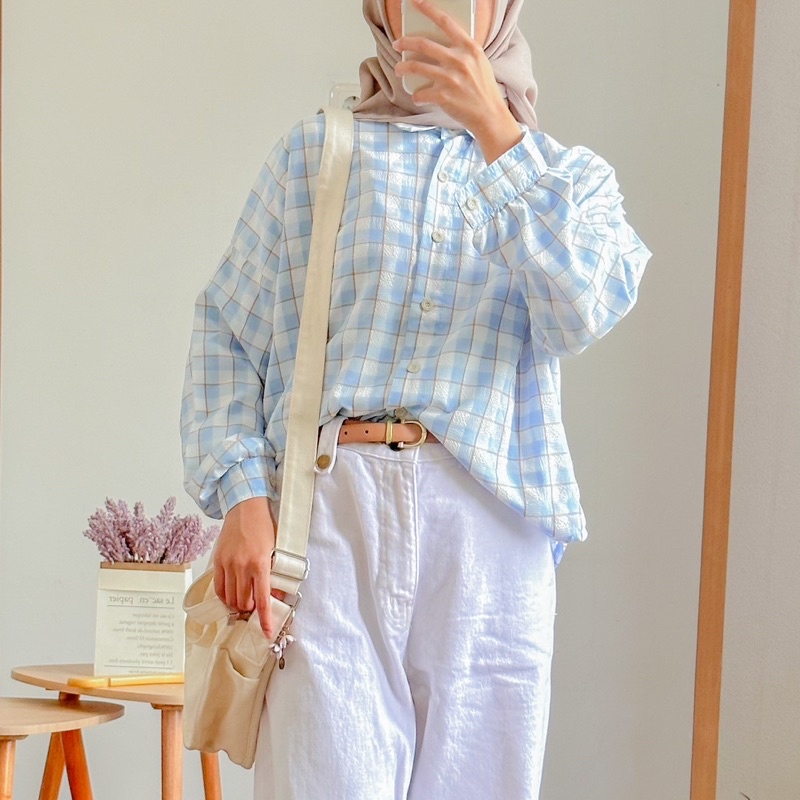 Mily Korean Tartan Shirt - Kemeja Crinkle Crop Semi Oversize