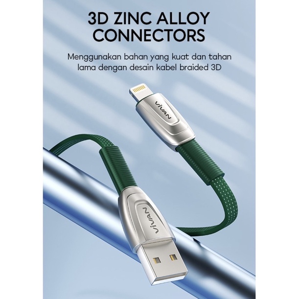 VIVAN Zinc Alloy Kabel Data Usb Type Lightning Fast Charging 2.4A for iPH0NE 5 6s 6+ 7+ X XS XR 11 12 13 PRO MAX (B-TKL)