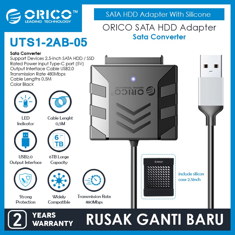 Usb A 2.0 to sata 2.5&quot; ssd hdd 22 pin cable orico 480Mbps 50cm with silicone case &amp; usb-c pd adapter uts1-2ab-05 - Usb2.0 to 2.5 inch sata 7+15 pin