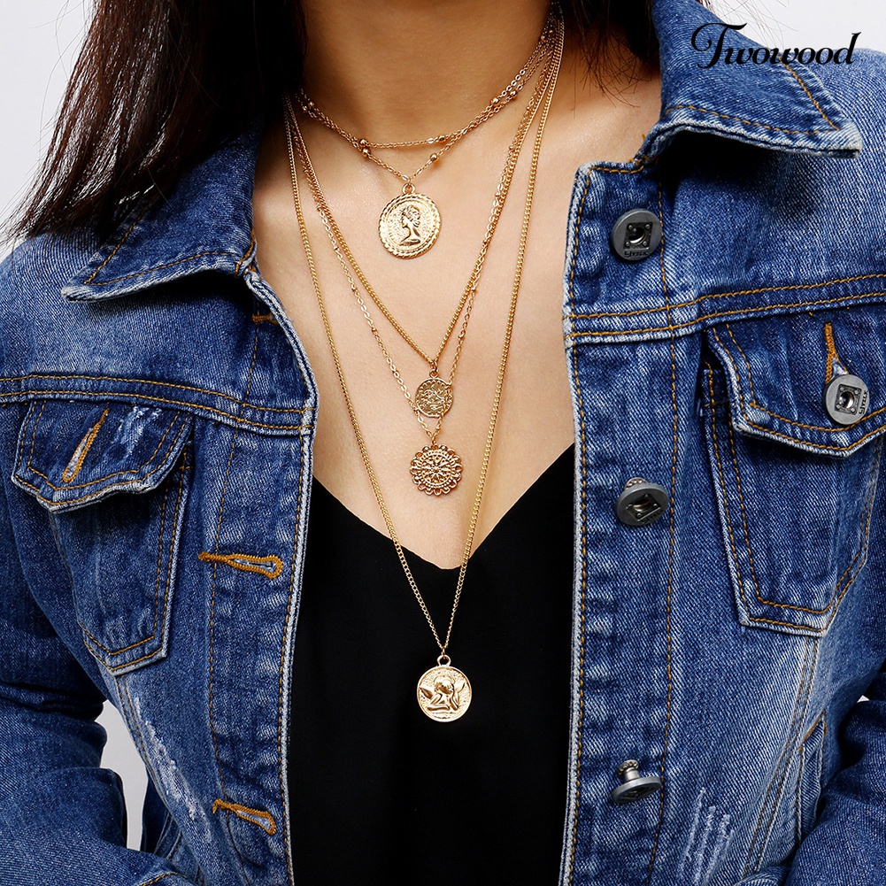 Kalung Rantai Multilayer Bahan Alloy Gaya Vintage Untuk Wanita