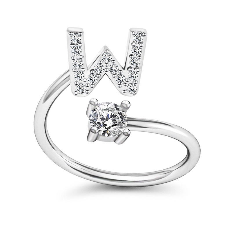 Korea Sederhana Surat Liar Berlian 26huruf Inggris Terbuka Adjustable Cincin Halo Perhiasan Gadis-W