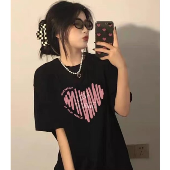 EUNII T-shirt Lengan Pendek Cartoon Graffiti Love Heart Korean Style/Kaos Atasan Wanita/Baju Kaus Oversize Wanita