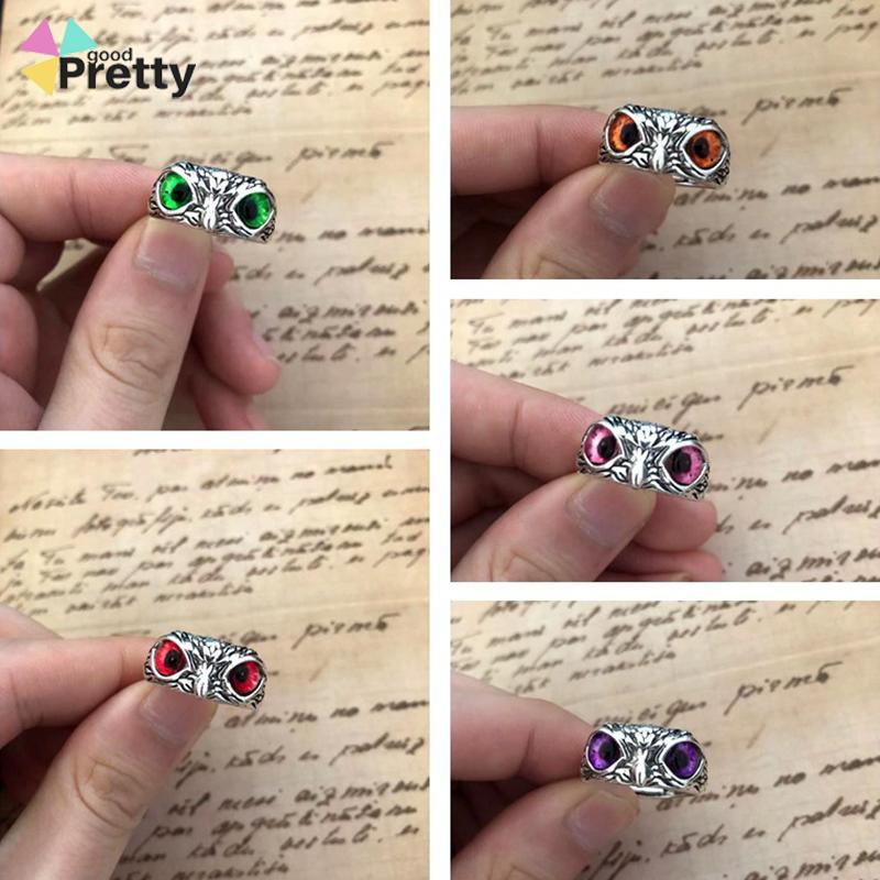 Kristal Vintage Style Burung Hantu Cincin Perak 925 Pria Wanita Punk Crystal Rings Adjustable Size - PD