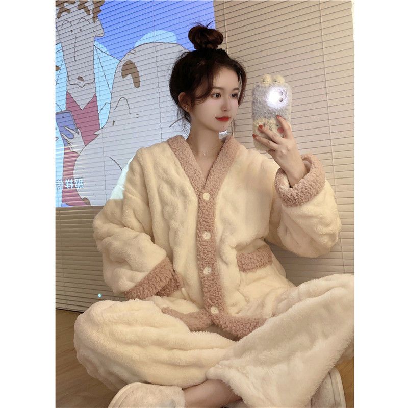 Suhao Korea Ins Bulu Karang Piyama Musim Dingin Sederhana Net Merah Flanel Menebal Rumah Pakaian Wanita Bisa Dipakai Di Luar Cocok
