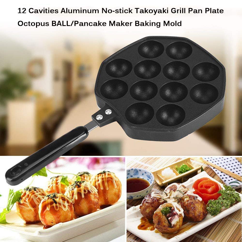 Panci Takoyaki 12 lubang anti lengket bahan aluminum untuk memasak, besi cor cetakan Takoyaki pan