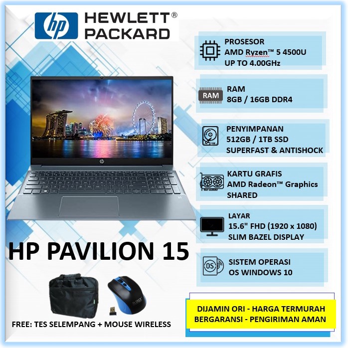 Laptop Gaming HP Pavilion 15 AMD Ryzen 5 4500U Ram 8GB 16GB SSD 512GB 1TB Radeon Graphics 15.6" FHD 