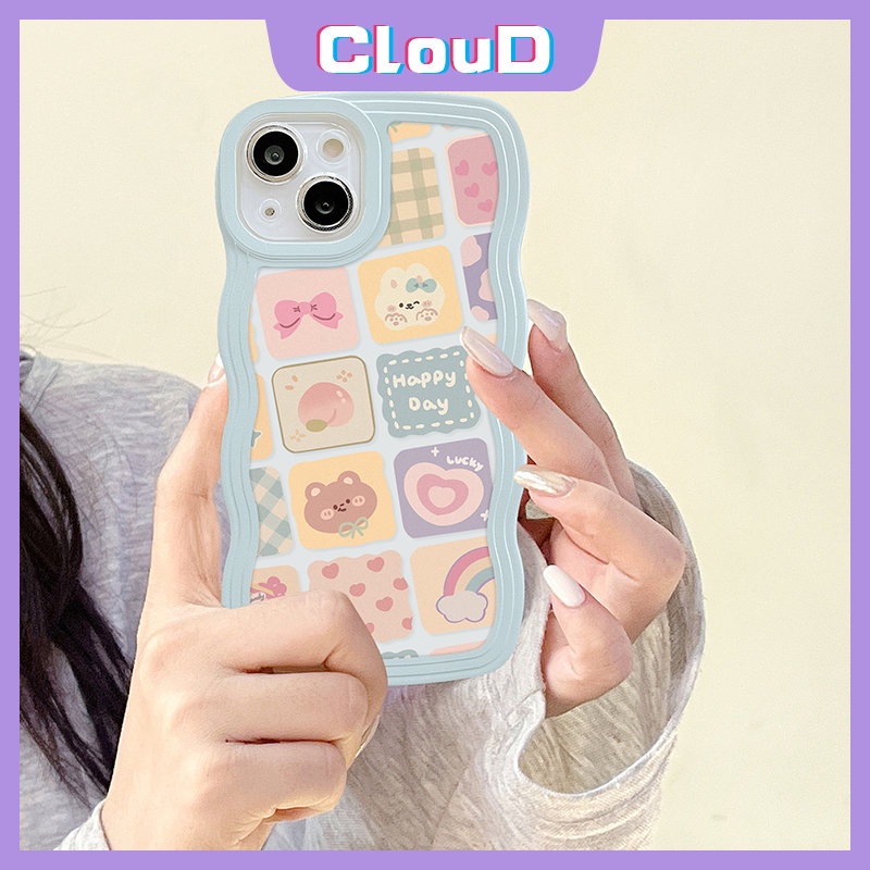 Oppo A17 A15 A57 A95 A16K A16 A54 A12 A74 A5 A9 A16s A55 A76 A96 A1k A53 A35 A5s A7 A3s A72 A77s A52 Reno 6 8 7 Gelombang Tepi Kartun Ilustrasi Kisi Rainbow Beruang Lucu Soft Case