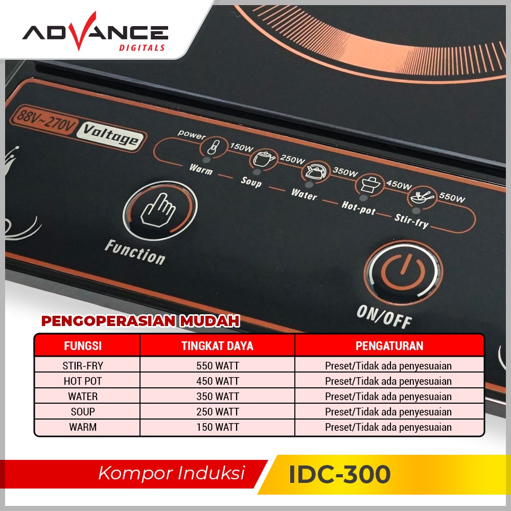 ADVANCE Kompor Induksi 2 Tombol 550W Induction Cooker Bahan Kaca IDC-300