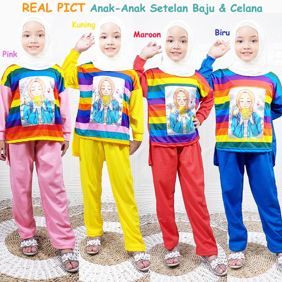 SETELAN SMILEE SLEBEW VIRAL BAJU PELANGI ANAK DAN CELANA PANJANG