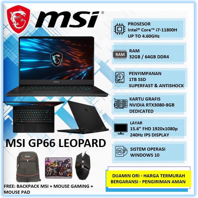Laptop Gaming Editing Rendering MSI GP66 Leopard Intel I7 11800H Ram 32GB 64GB SSD 1TB RTX3080-8GB 1