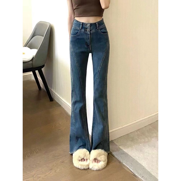 Suhao retro celana jeans berpinggang tinggi biru wanita awal musim gugur versi Korea baru dari semua pertandingan elastis slim slim hot girl micro-flared pants