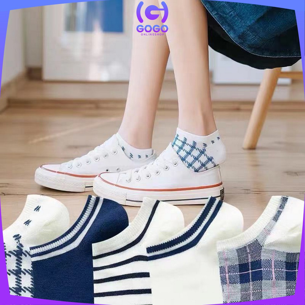 GOGO-P187 Kaos Kaki Pendek Wanita Motif Kotak Biru / Kaus Kaki Pendek Wanita Dewasa / Ankle Sock Fashion Korean Style