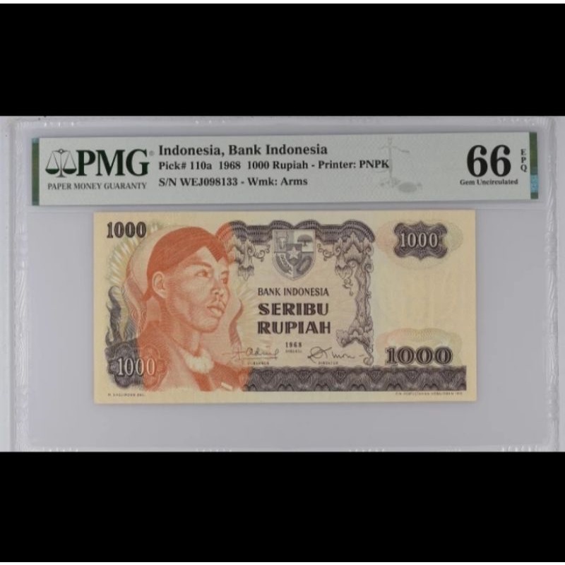 Uang Kuno Indonesia 1000 Rupiah Tahun 1968 Seri Sudirman PMG 66 EPQ