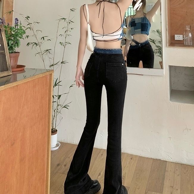 Suhao Spice Girls High Waist Micro Flared Jeans Wanita Akal Desain Niche Musim Semi 2022 Baru Slim Hitam Horseshoe Celana