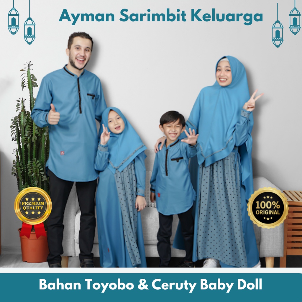 Sarimbit Keluarga Muslim Set Baju Couple Keluarga Muslim Lebaran Ayman Biru Blue Bahan Toyobo