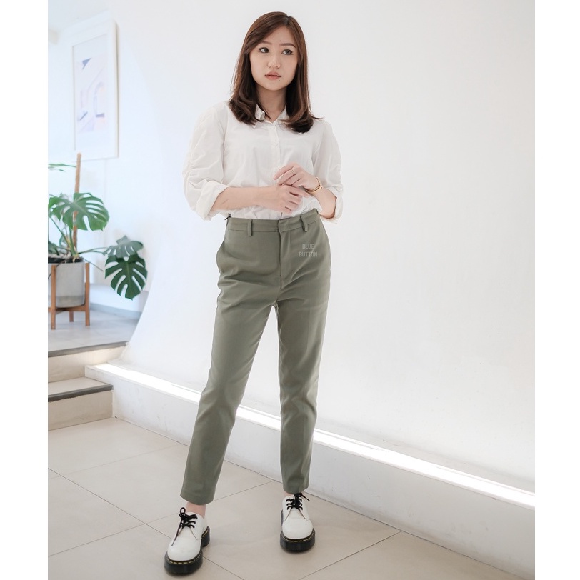 BlueButton Celana Panjang Wanita Smart Chino Ankle Pants Kekinian Slim Basic Daily Wear Sage