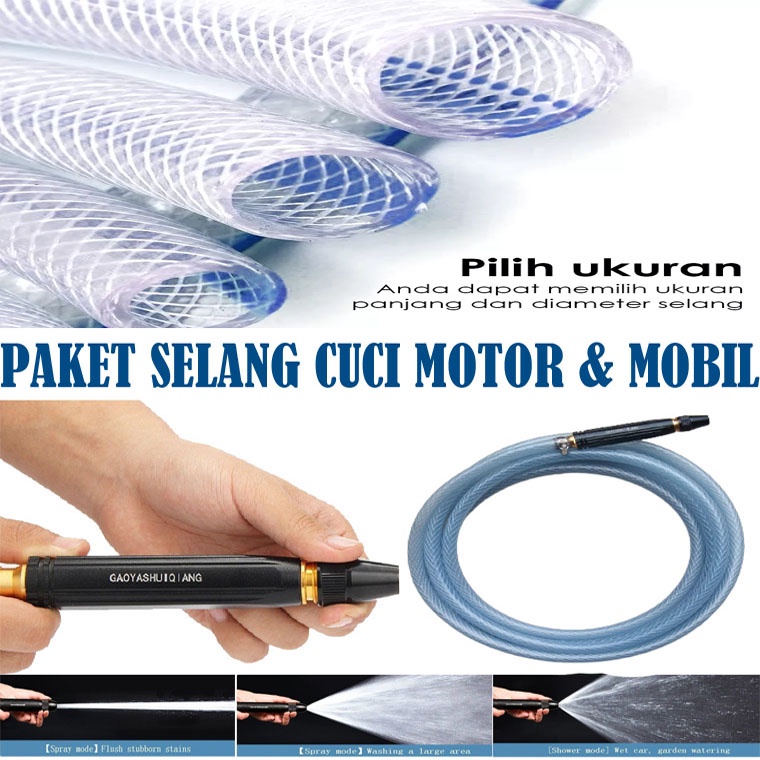 Paket Semprotan Cuci Motor Mobil Siram Tanaman Selang Air Panjang 2 - 10 Meter - Selang Air Plus Kepala Selang Semprotan Air Kepala Kuningan