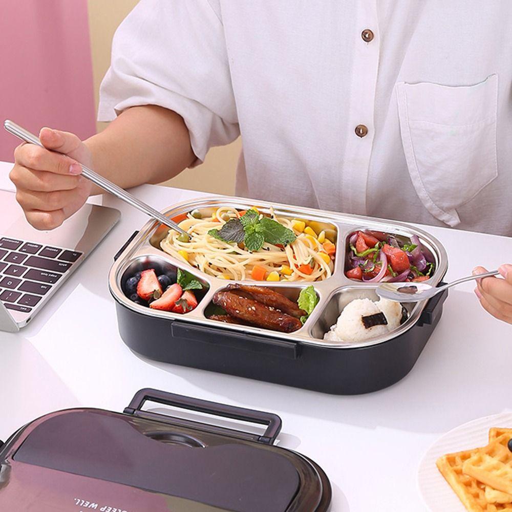 Preva Lunch Box Microwavable Rectangle Grid Untuk Pelajar Pekerja Kantor Dengan Sendok Wadah Makanan