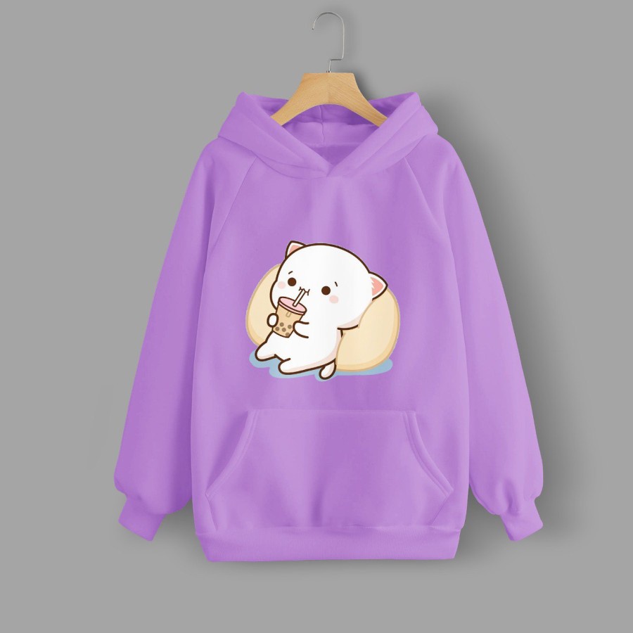 Hoodie Wanita Gambar Gomma Minum Boba Warna Lavender Terlaris Vallenca Official
