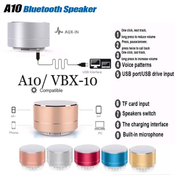 Speaker Bluetooth Mini A10 Portable Wireless Murah Dengan Lampu LED Music Box-Speker Salon Aktif Warna Random Full Extra Bass Suara