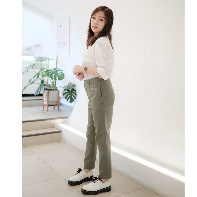 BlueButton Celana Panjang Wanita Smart Chino Ankle Pants Kekinian Slim Basic Daily Wear Sage