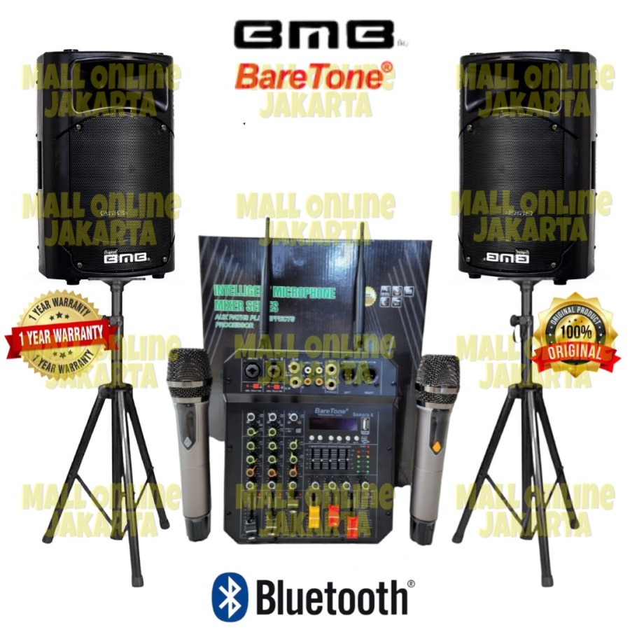 Paket speaker aktif bmb 15 inch mixer baretone mic wireless outdoor