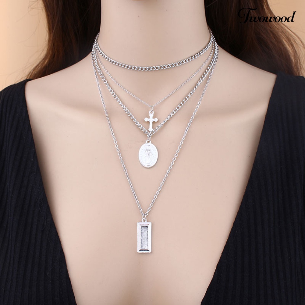 Kalung Choker Rantai Banyak Lapis Dengan Liontin Salib Yesus Gaya Retro Untuk Wanita