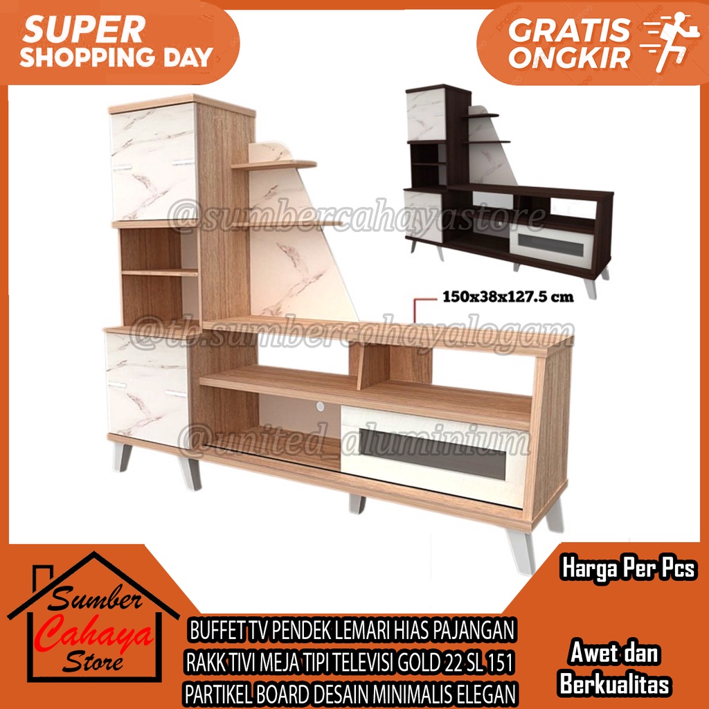 BUFFET TV PENDEK LEMARI HIAS PAJANGAN RAKK TIVI MEJA TIPI TELEVISI GOLD 22 SL 151 PARTIKEL BOARD DES