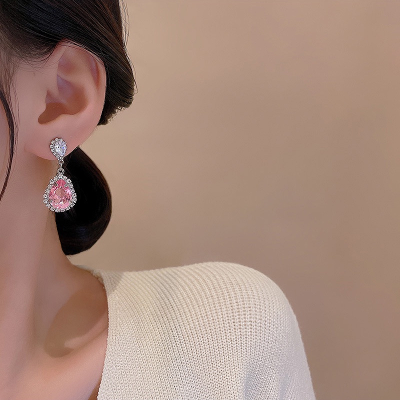 Anting Tusuk Sterling silver 925 Desain Tetesan Air Hias Kristal Zircon Pink Mewah Untuk Wanita