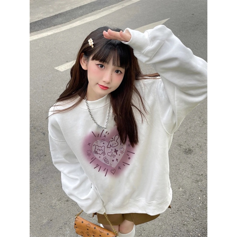 EUNII Sweater Lengan Panjang Cute Love Rabbit Korean Style/Hoodie Oversize/Baju Wanita/Switer Wanita