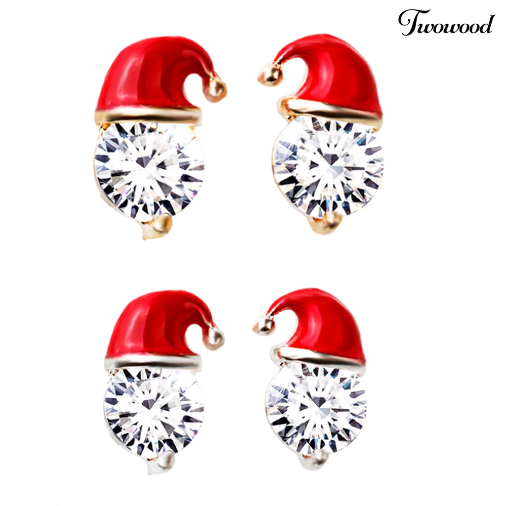 Anting Stud Desain Topi Natal Aksen Berlian Imitasi Bahan Alloy Untuk Wanita