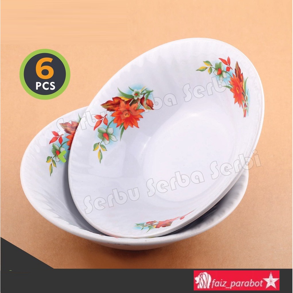 mangko keramik motif kembang isi 6 pcs Lucky putih