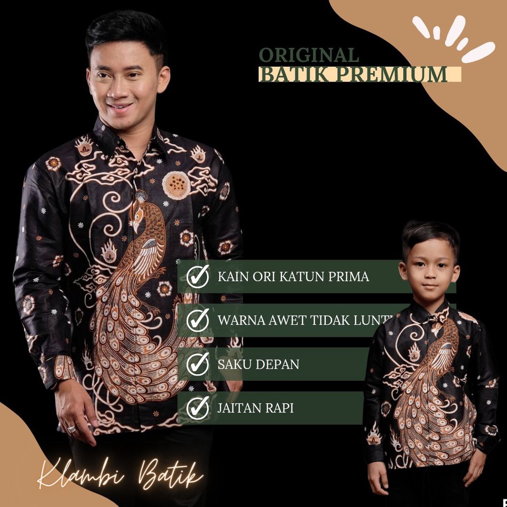 Kemeja Batik Pria Lengan Panjang Warna Hitam Motif Merak Couple Batik Ayah Anak Cowok Usia 3-13 Tahun