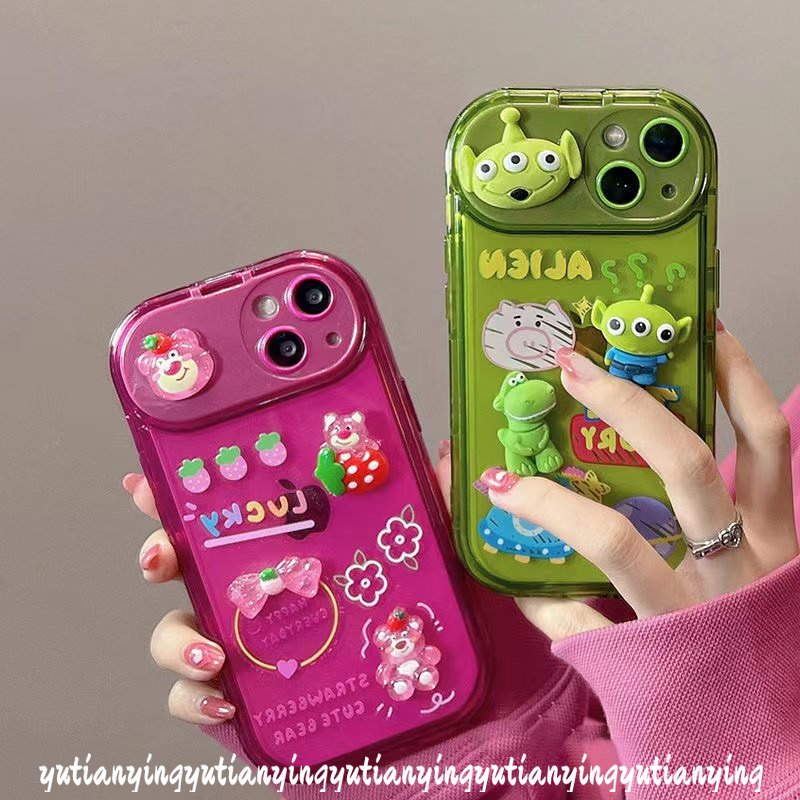 IPHONE Flip Make Up Mirror Case Kompatibel Untuk Iphone13 11 12 14 Pro Max7 8 XR 14 Plus X XS MAX SE 2020 Beruang Strawberry Lucu Disney Toy Story Losto Alien Dengan Ornamen Boneka 3D Soft Case