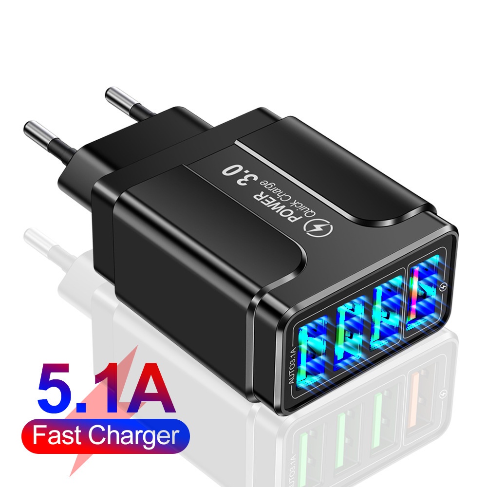 Adapter Charger Dinding 4 Port USB QC 3.0 Fast Charging Untuk Iphone 13 14 Tipe C Android