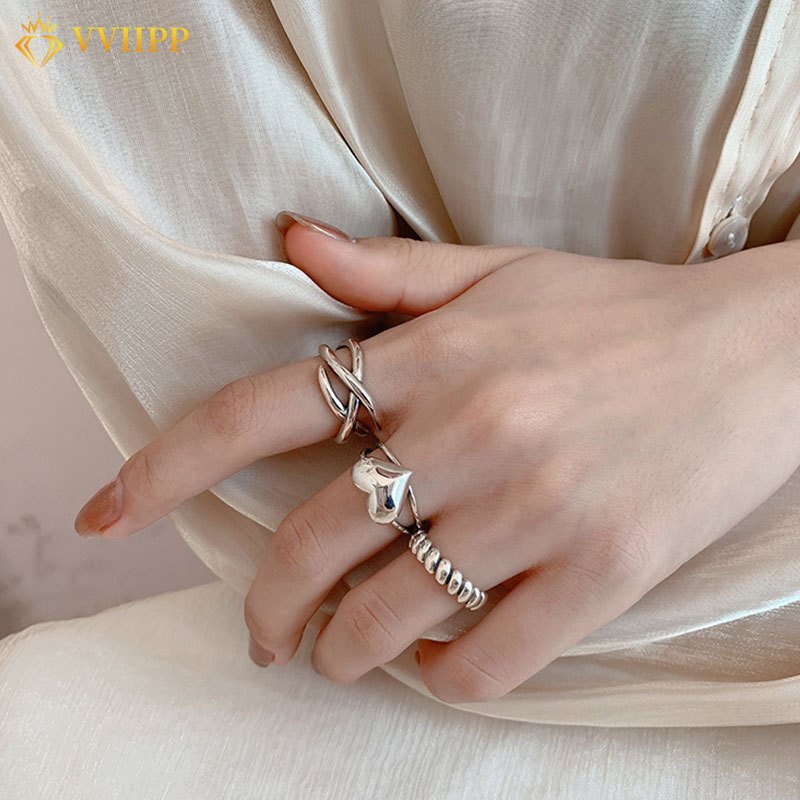 3pcs / Set Cincin Model Terbuka Adjustable Desain Hati Salib Warna Silver Untuk Wanita