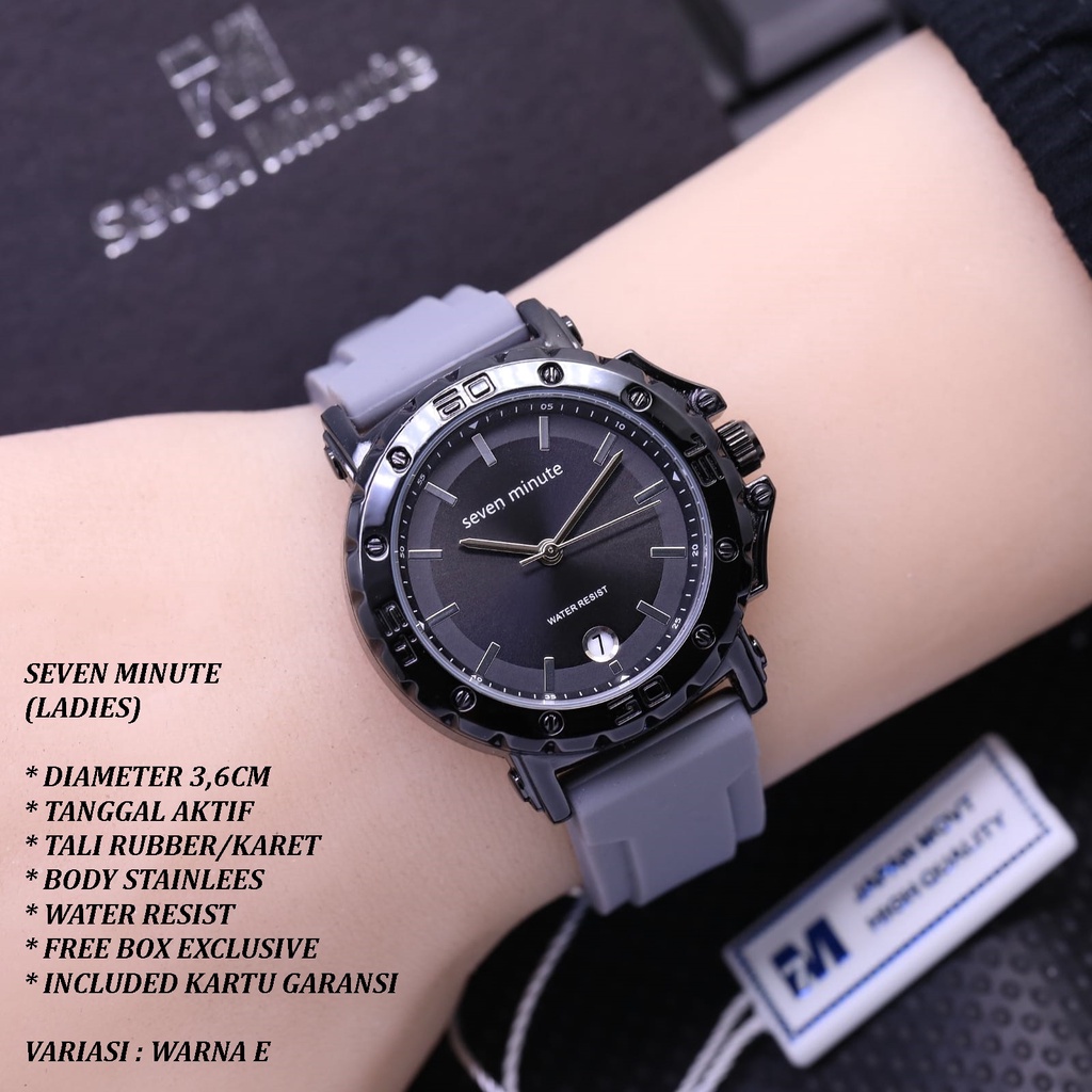 (FREE BOX) JAM TANGAN WANITA SEVEN MINUTE LS-0008 TALI RUBBER BODY STAINLEES TANGGAL AKTIF