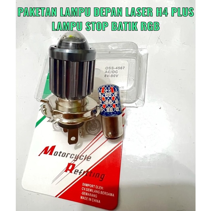 PAKETAN TERMURAH LAMPU DEPAN MOTOR UTAMA ATAU BOHLAM LED H4 H6 MODEL LASER AC / DC MOTOR MOBIL DAN LAMPU STOP BATIK 36 LED RGB